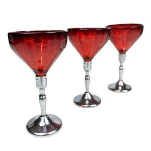 Vintage Paden City Glass Chrome Stem Ruby Red Wine Glasses Christmas Holidays